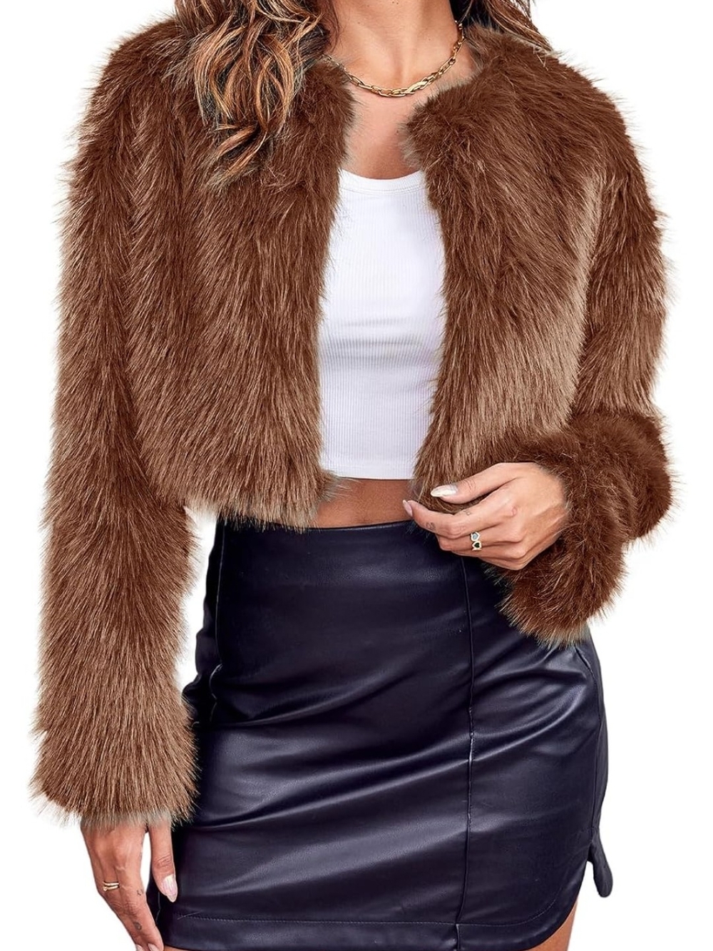 Brown Faux Fur Cropped Jacket Open Front Shag Coat Women's XXL
